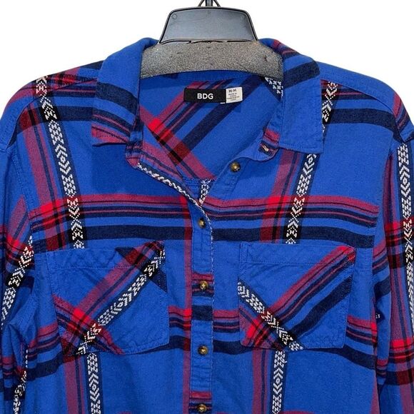 BDG Womens Flannel Long Sleeve Button Down Shirt Blue Red Size Medium - Picture 3 of 8